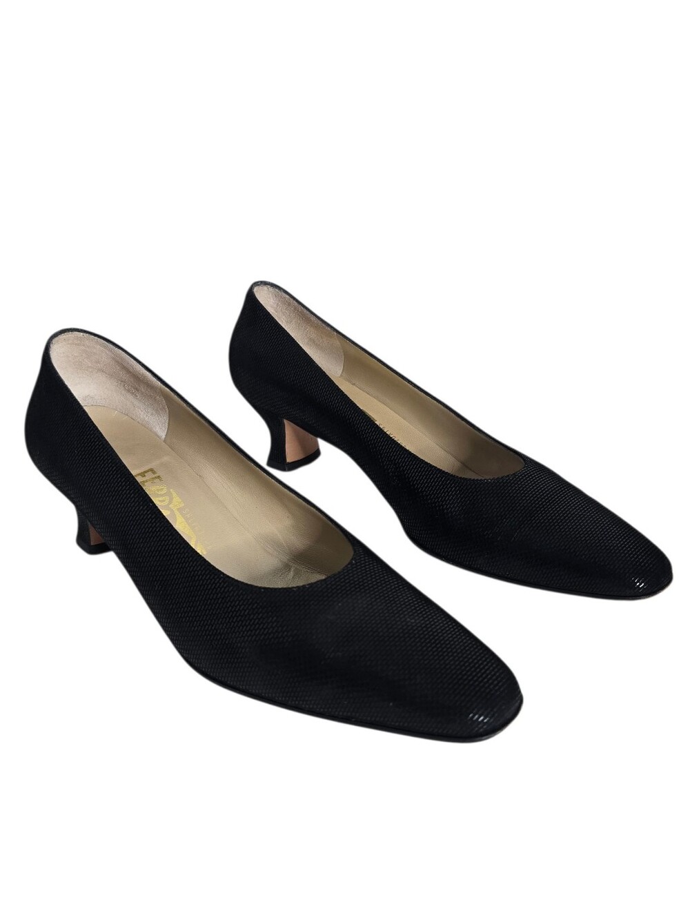 Salvatore Ferragamo Black Textured Kitten Heel Pumps 8B 90s Minimalist